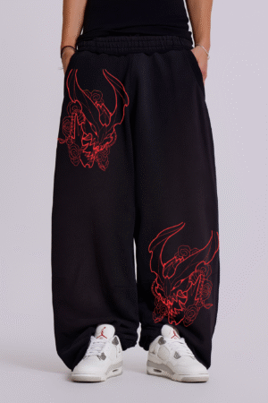Black Baggy Sweatpants with Red Demon Graphic