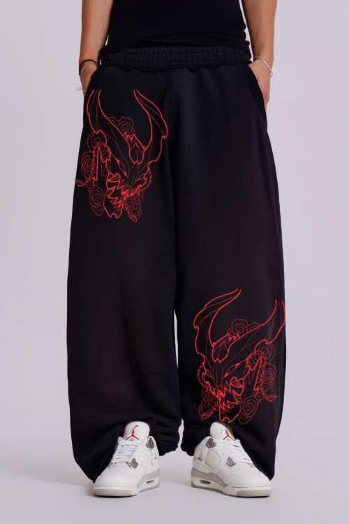 Black Baggy Sweatpants with Red Demon Graphic